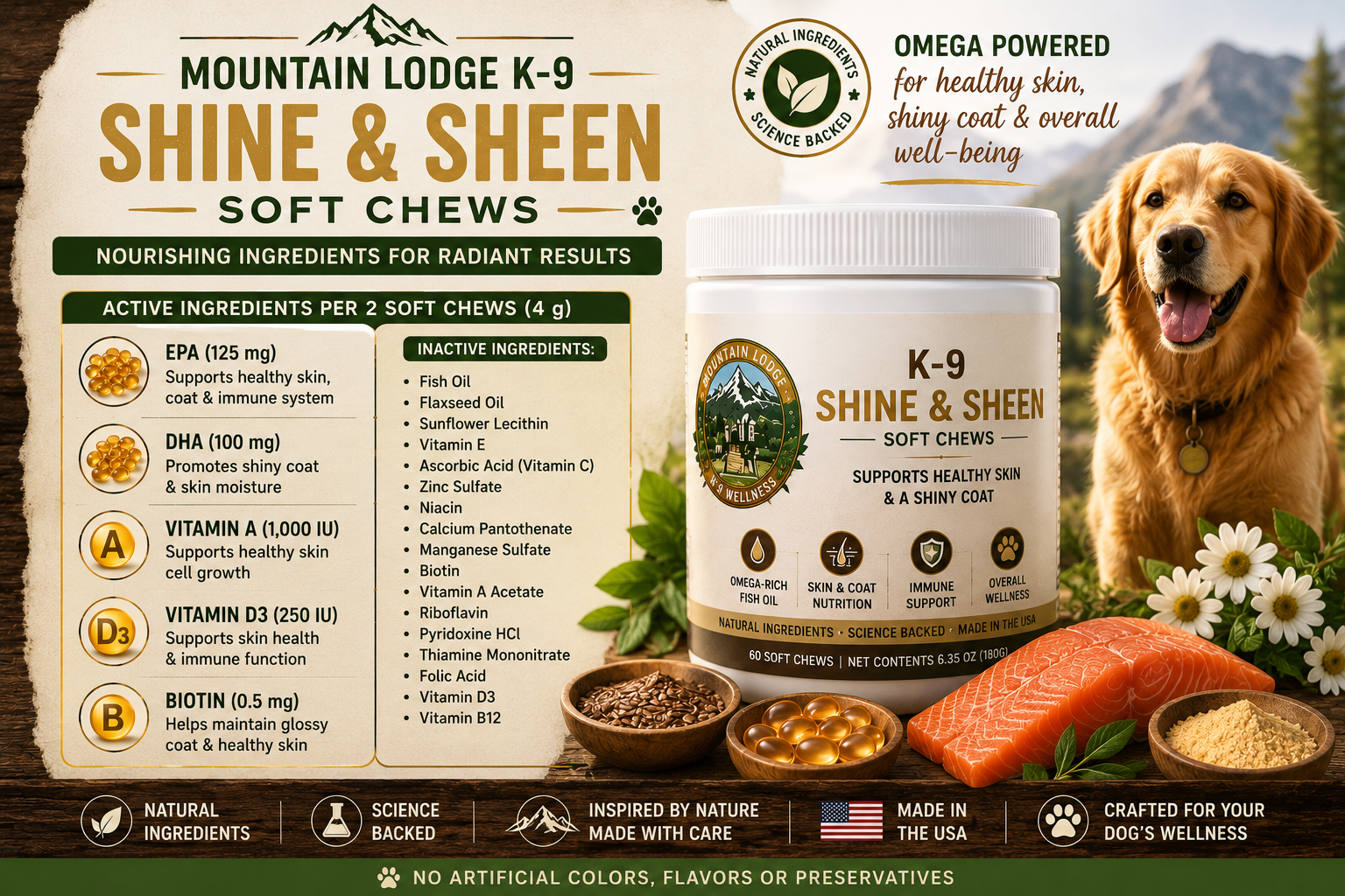 Mountain Lodge K-9 Shine & Sheen Soft Chews – Omega-3 & Biotin