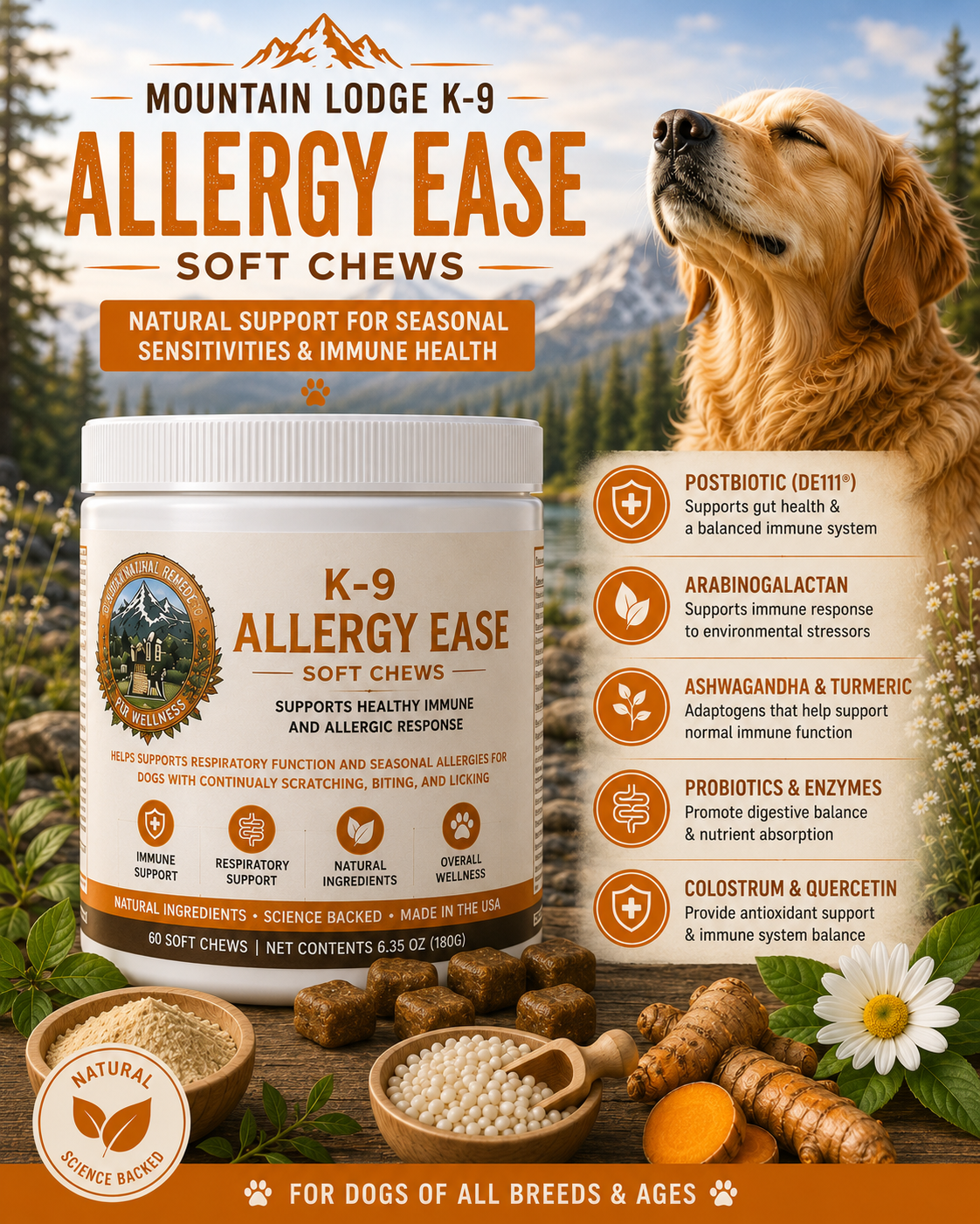 Mountain Lodge K-9 Allergy Ease Soft Chews – Probiotic & Colostrum